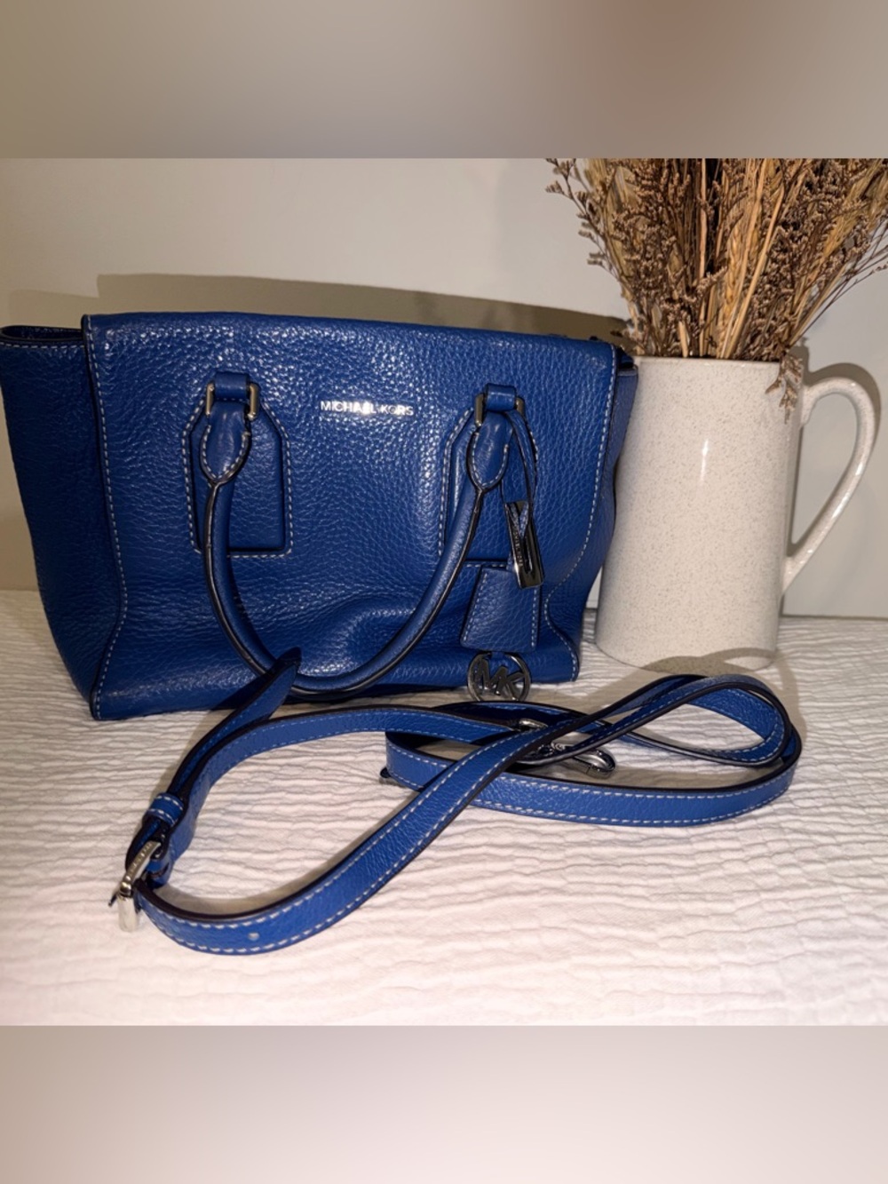 Michael Kors Cobalt Blue Pebbled Leather Satchel Silver Hardware Crossbody Tote - Picture 7 of 14
